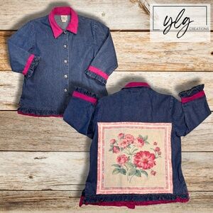 Denim Jacket Tunic Top Shacket Flower Pink Faux Suede Ruffles Donna Womens Small